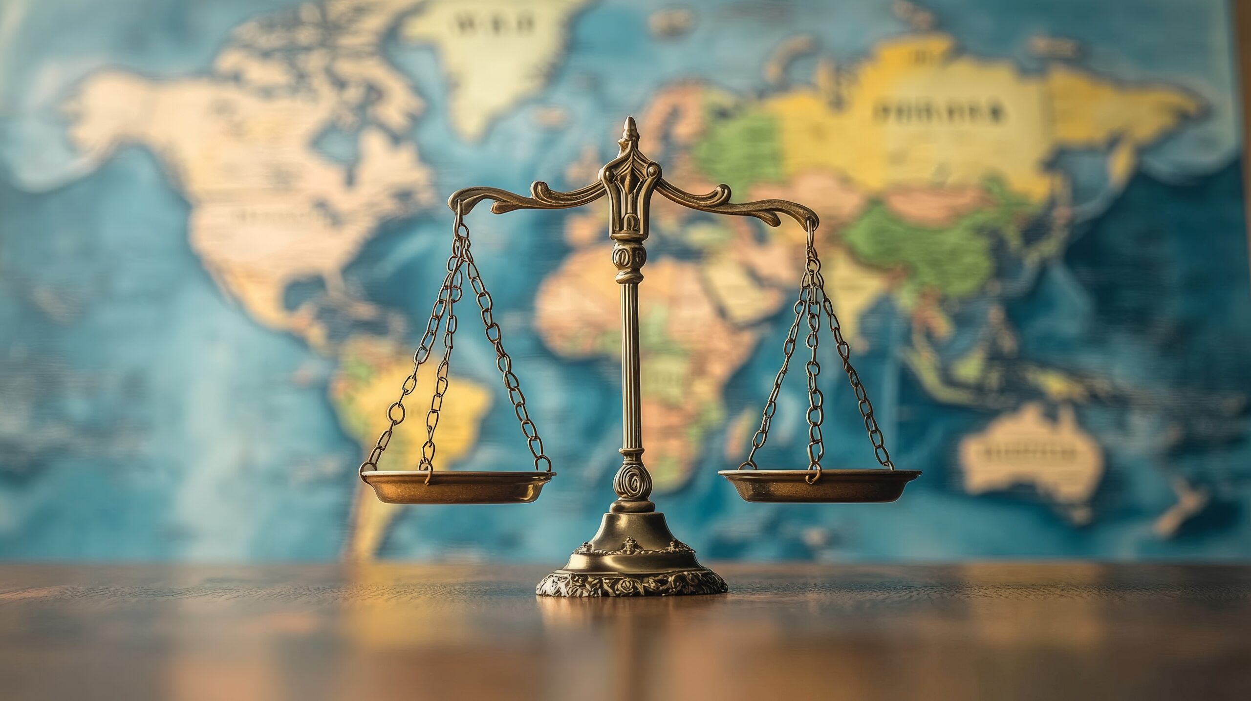 scales of justice in front of a map